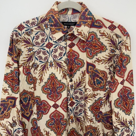 Bogosse Men's Long Sleeve Cream Shirt with Paisley Design Size 3 Cotton - Picture 2 of 11
